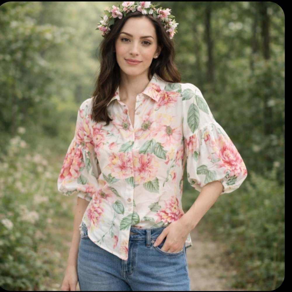 Lawrence Zarian White Pink/ Green Floral Puff Sleeves Blouse Button Up Sz 1X